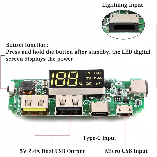 ⚡ Módulo Power-Bank USB 5V 2.4A con Indicador LED – Cargador para Baterías 18650