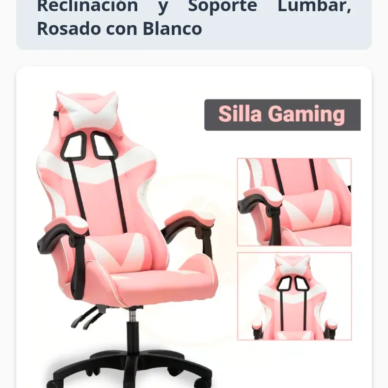 Silla Ergonómica de Oficina Tipo Gaming, con Respaldo Alto, Reclinación y Soporte Lumbar, Rosado con Blanco