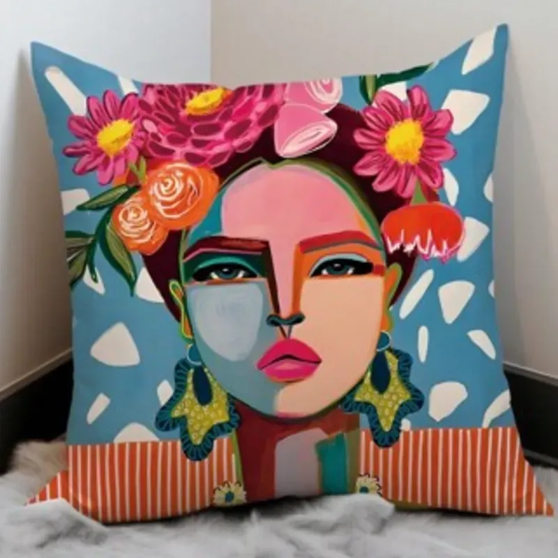 Mujer tocado con flores fondo azul