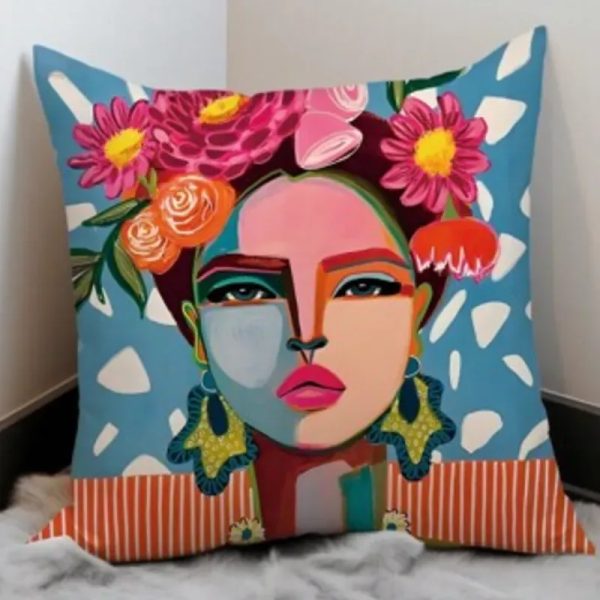 Mujer tocado con flores fondo azul