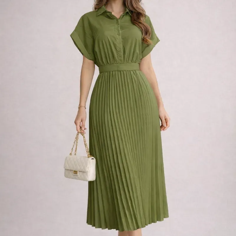  Vestido camisero plisado — Verde