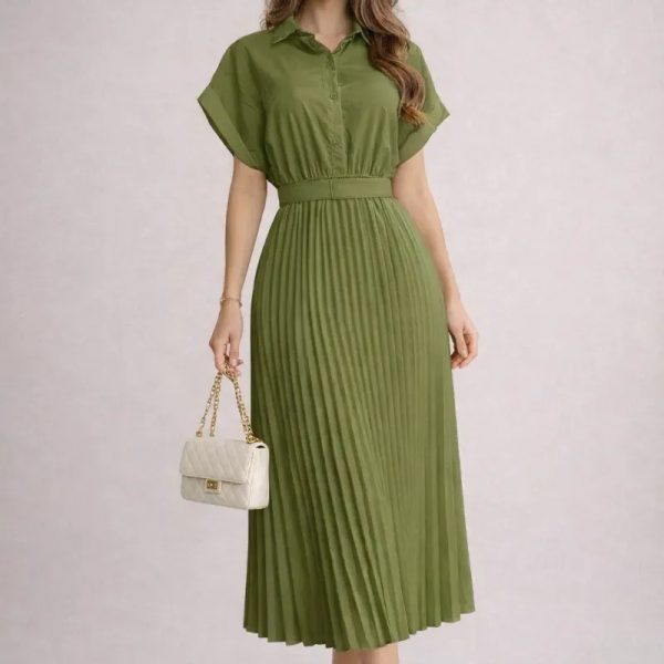  Vestido camisero plisado — Verde