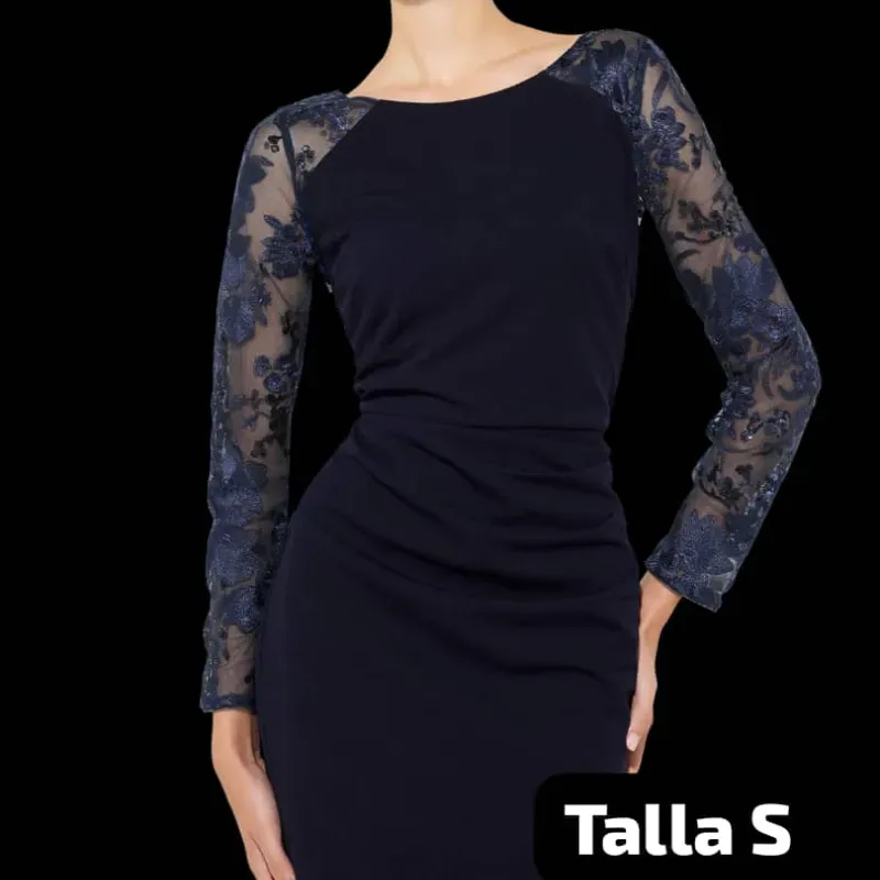  Vestido azul medianoche con mangas de encaje bordado