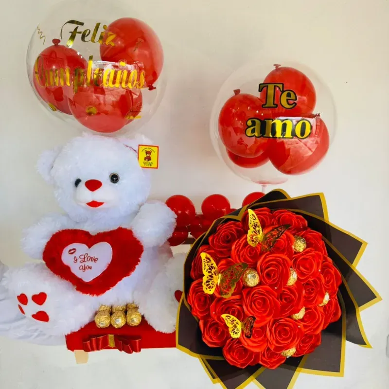 Combo de regalo con peluche grande,ramo rosas eternas grande,bombones y globos personalizados