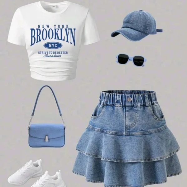Conjunto de top d manga y falda mezclilla