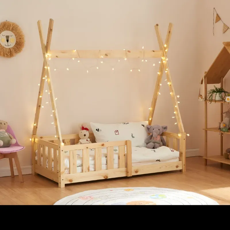 Camita infantil Montessori modelo tipi indio con baranda