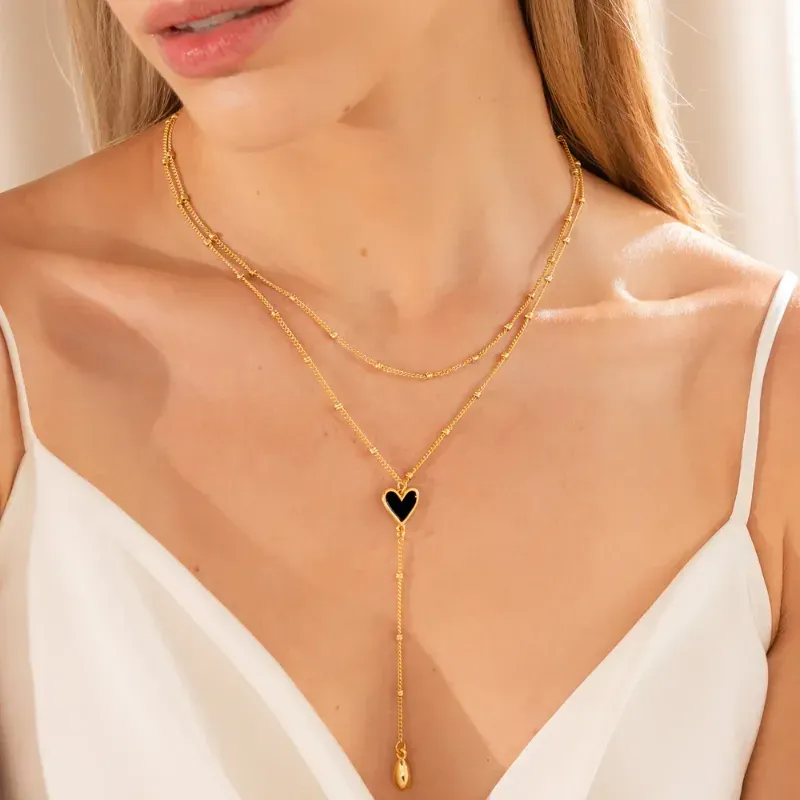 Set X2 Collares Corazón Negro Gota + Aretes