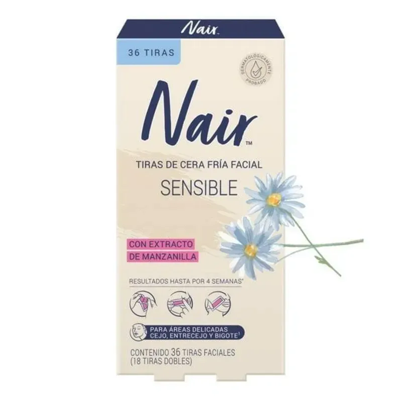  Nair Tiras de Cera Fría Facial Sensible – Con Extracto de Manzanilla (36 tiras)