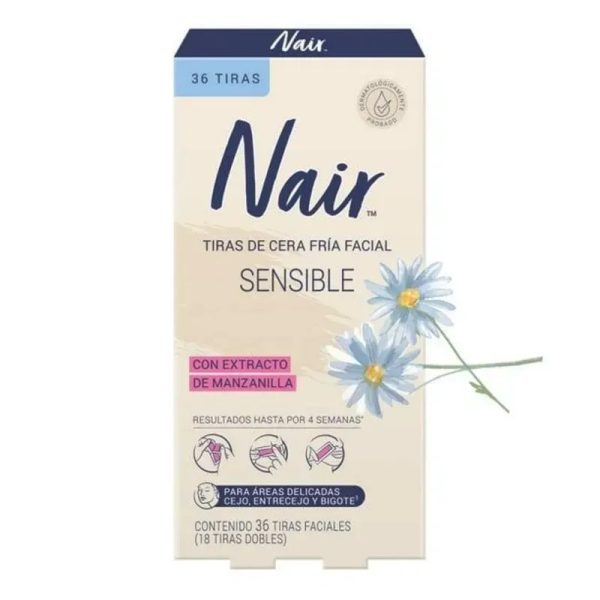  Nair Tiras de Cera Fría Facial Sensible – Con Extracto de Manzanilla (36 tiras)