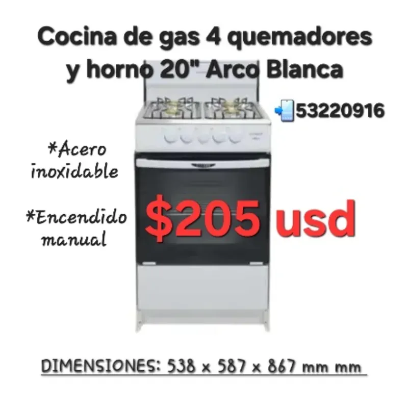 COCINA DE GAS 4 QUEMADORES Y HORNO DE 20” ARCO BLANCA