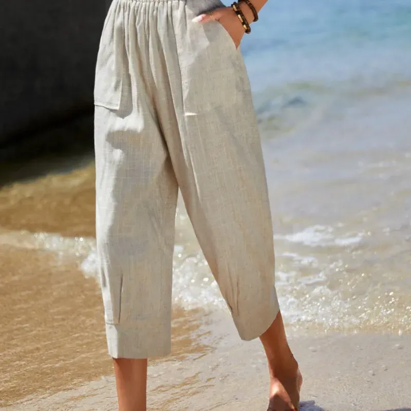Pantalones de lino capris unicolor