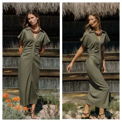 Vestido Zara verde lino frunces