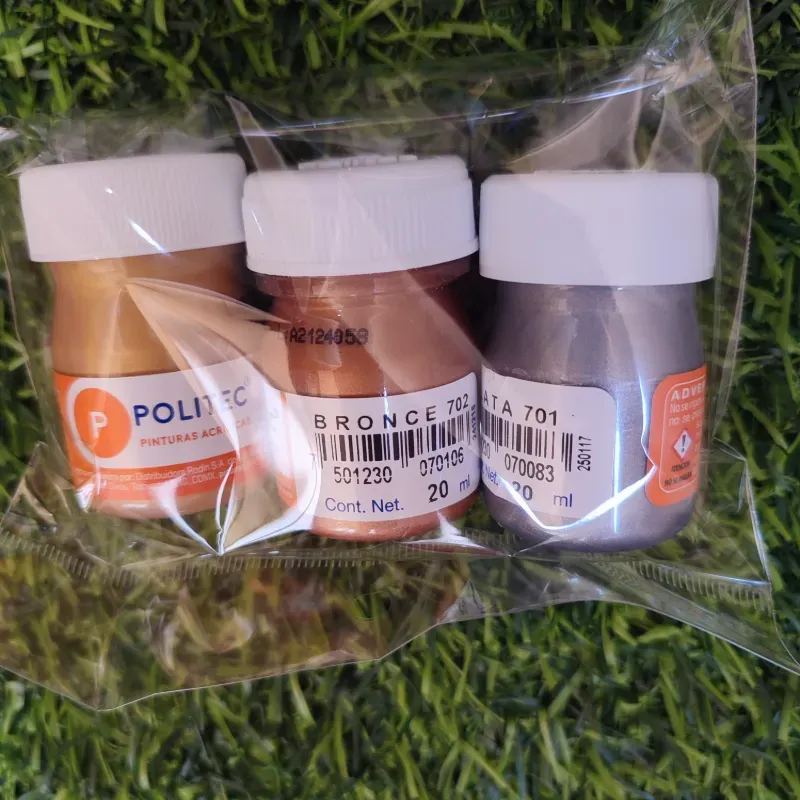 Trio de pinturas metálicas plata oro y bronce