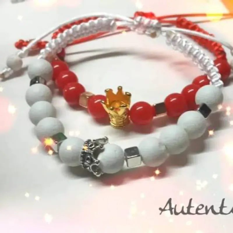 Pareja de pulsos tejidos Reina y Rey de Onix Blacas y Jade Rojo