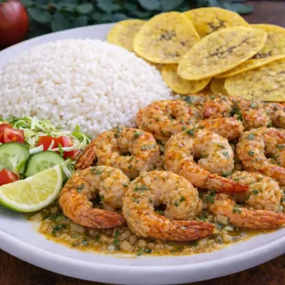 Camarones al Ajillo Zarandeados con Arroz blanco