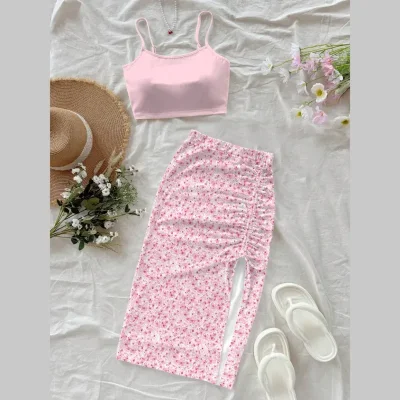 Conjunto de top y saya rosa