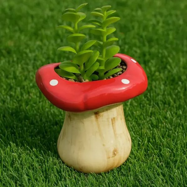 Maceta tipo hongo con planta artificial