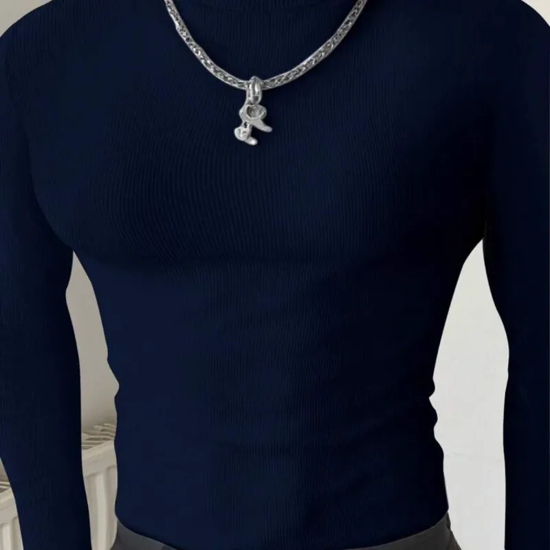 Manfinity Dauomo Camiseta de manga larga de cuello alto, de unicolor, de corte slim, para uso casual y diario, para otoño/invierno