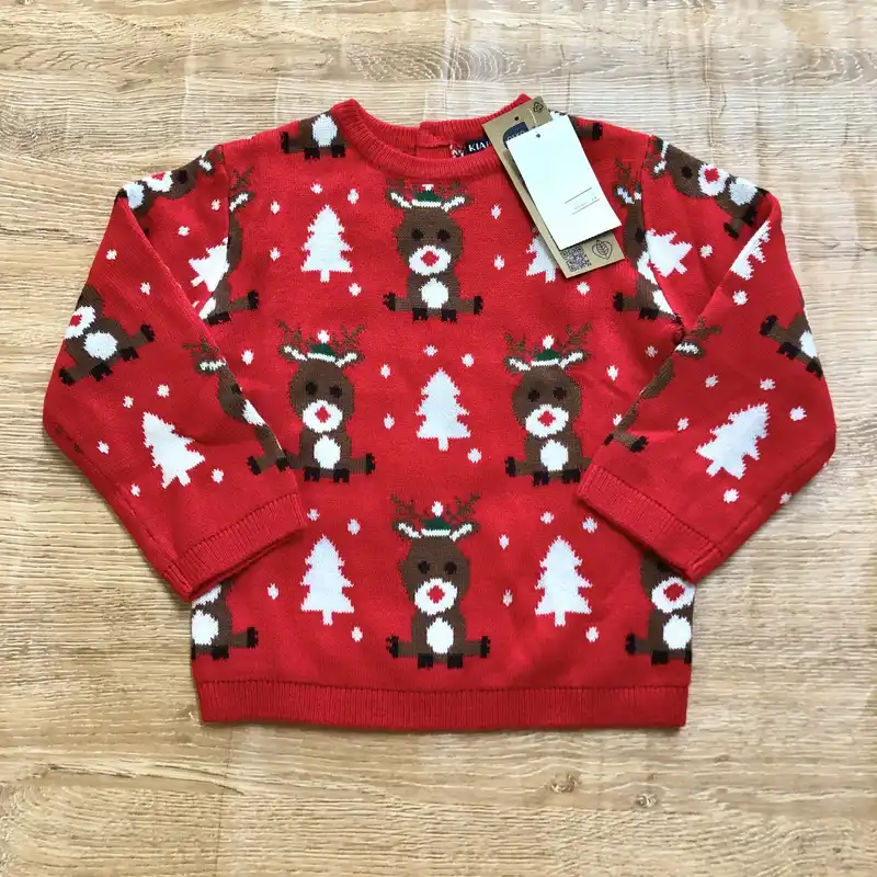 Abrigo rojo con renos navideños