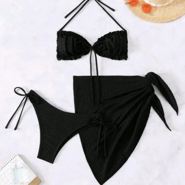  Bikini de ribete fruncido con pañoleta — Negro