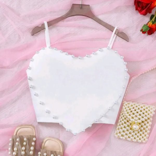  Top corazón con perlas — Blanco