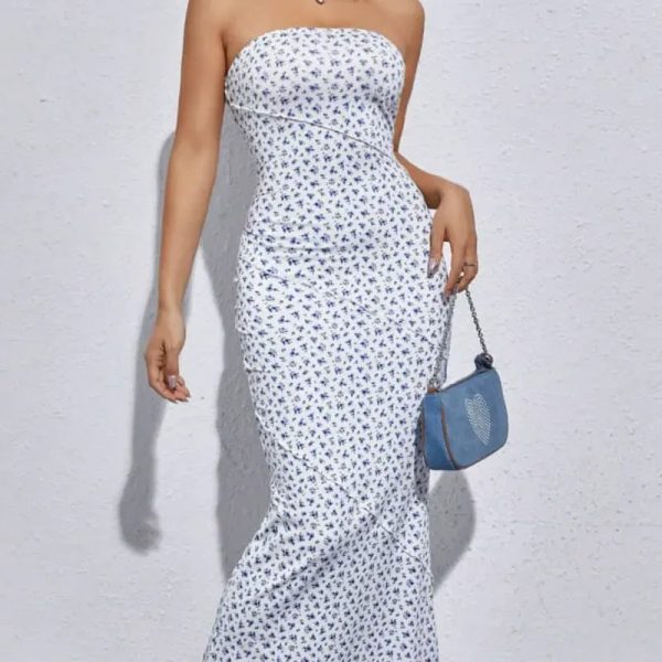 Vestido largo sin tirantes estampado