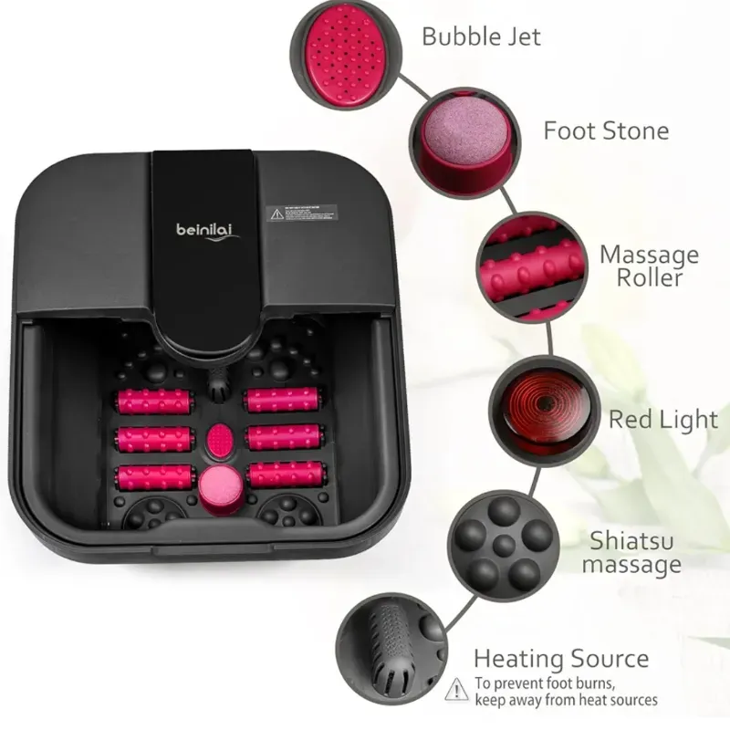 SPA DE PIES PLEGABLE CON CALOR,MASAJE Y CHORROS DE BURBUJAS,BAÑERA DE REMOJO DE PIES CON 6 RODILLOS  PUNTOS DE MASAJE DE ACUPRESIÓN, LUZ ROJA Y PIEDRA PÓMEZ (110V)