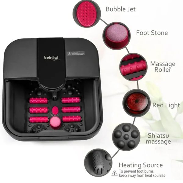SPA DE PIES PLEGABLE CON CALOR,MASAJE Y CHORROS DE BURBUJAS,BAÑERA DE REMOJO DE PIES CON 6 RODILLOS  PUNTOS DE MASAJE DE ACUPRESIÓN, LUZ ROJA Y PIEDRA PÓMEZ (110V)