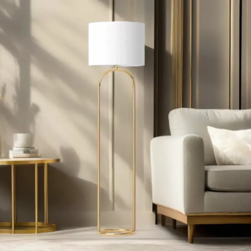 IMAGE-Lámpara de pie moderna para sala de estar, luz de poste alto de latón dorado con visualización de lino blanco para lectura, recámara, dormitorio,sala de estudio, oficina，color dorado ，lámpara de poste alto sobre sofá