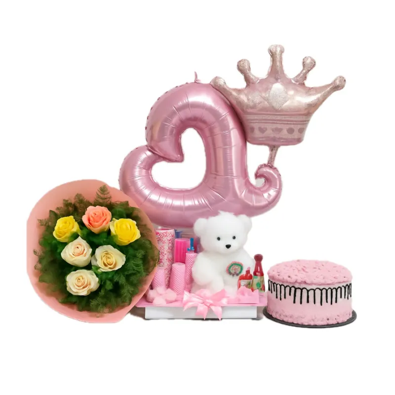 Cajita de chucherías + Peluche + Cake + Flores