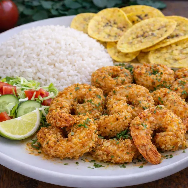 Camarones Empanados con Arroz Blanco