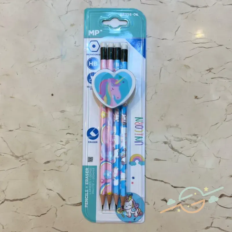 Pack 4 lápices con goma de unicornio