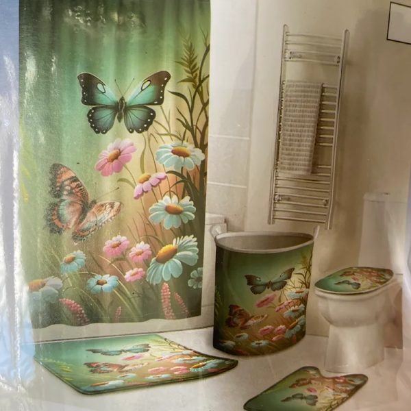 Set de cortina, alfombra y cesto para baño