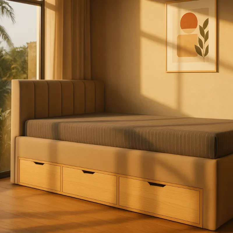 Cama con almacenamiento, tapizada en lino beige