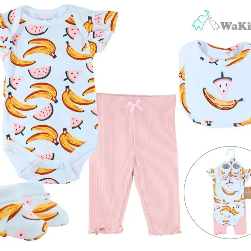 Conjunto de Body, Pantalón, Babero y Botitas para Bebé Temática Frutas