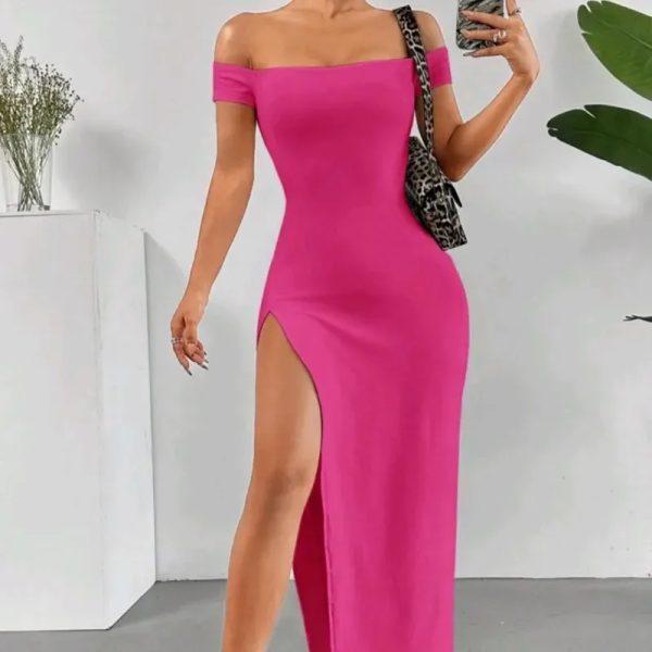  Vestido largo de abertura en la pierna — Rosado