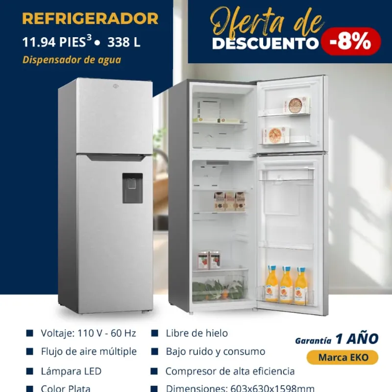  *REFRIGERADOR 11.94 pies³ / 338L Marca EKO, Con Dispensador*
