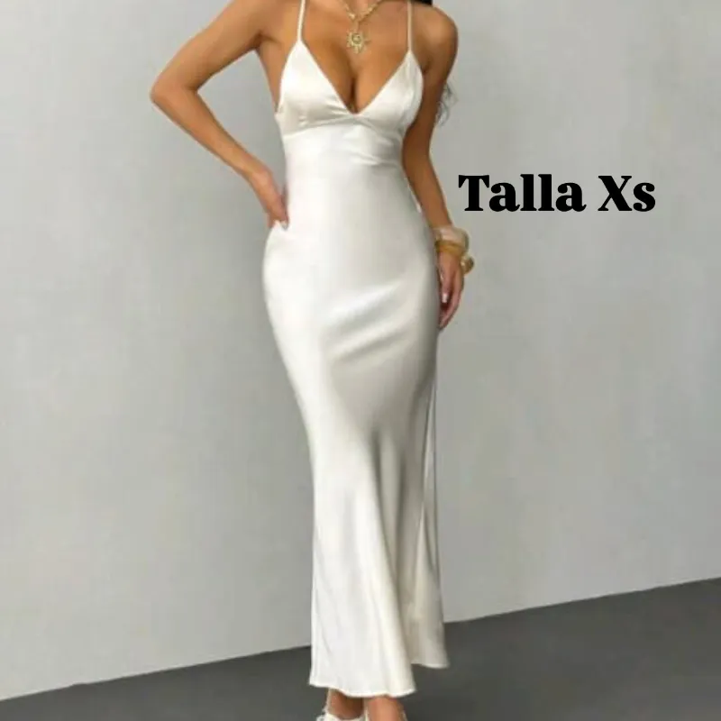 Vestido largo de satén de espalda con diseño de tiras