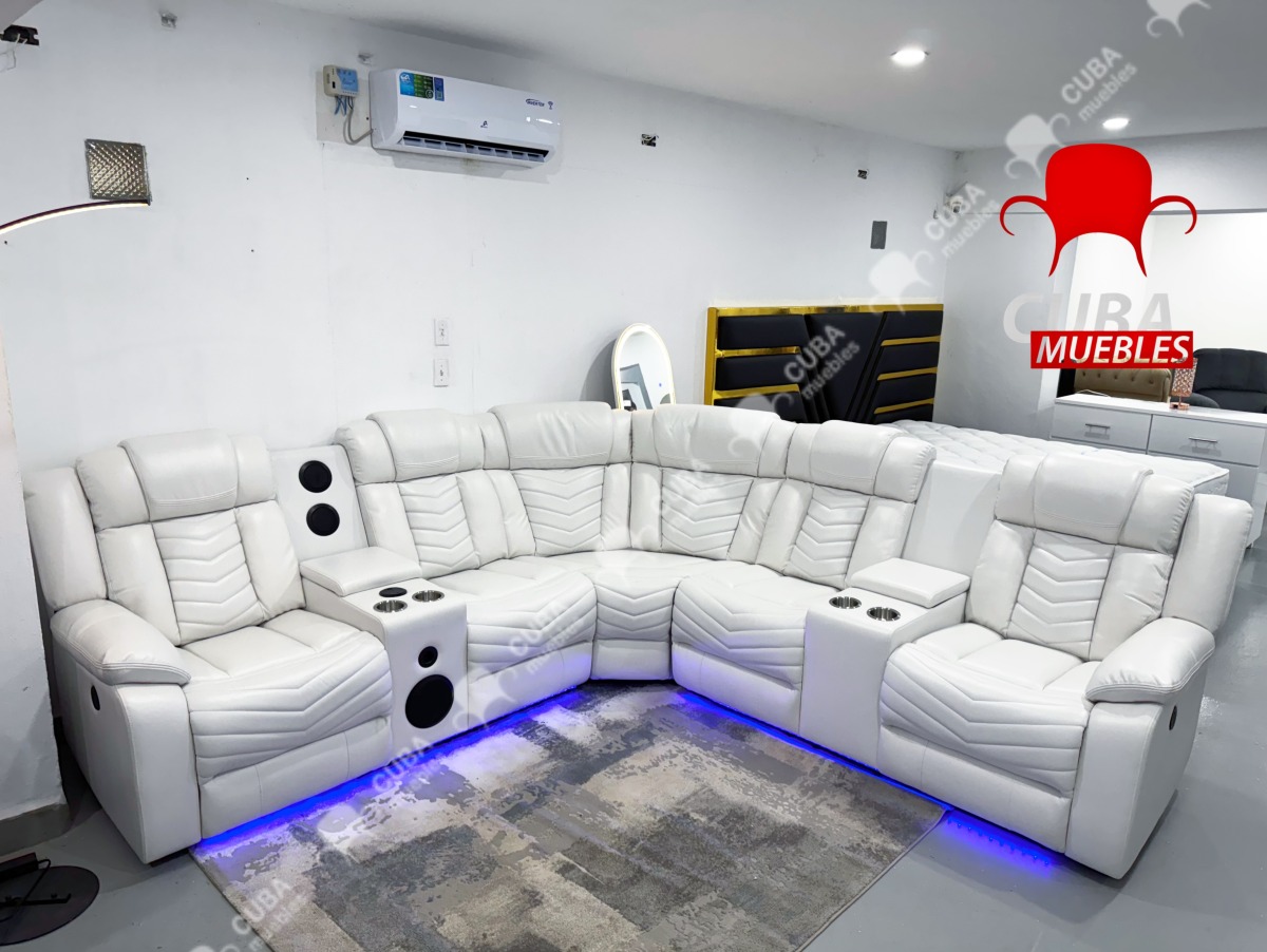 Sofá modular reclinable eléctrico con altavoces de graves para sala de estar, de piel sintética, reclinable, esquinero, con luz LED, reclinables eléctricos para el hogar, color blanco