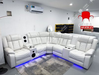 Sofá modular reclinable eléctrico con altavoces de graves para sala de estar, de piel sintética, reclinable, esquinero, con luz LED, reclinables eléctricos para el hogar, color blanco