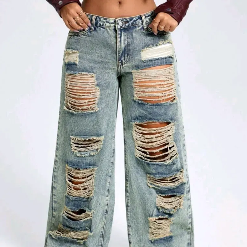  Jeans pierna ancha desgastados y rasgados — Verde Mezclilla