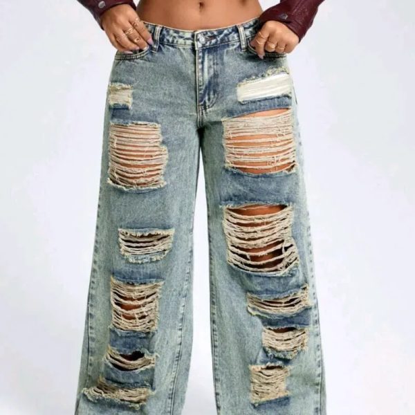  Jeans pierna ancha desgastados y rasgados — Verde Mezclilla