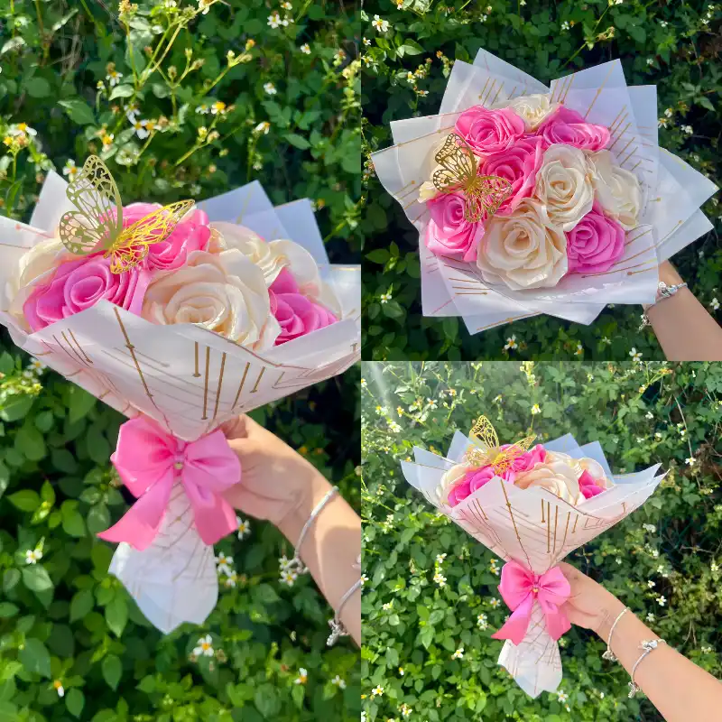 Ramo de 10 rosas rosadas y color crema