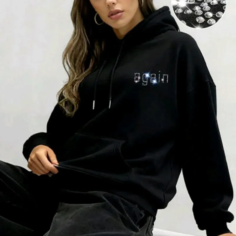 Sudadera con capucha negra pedreria Again