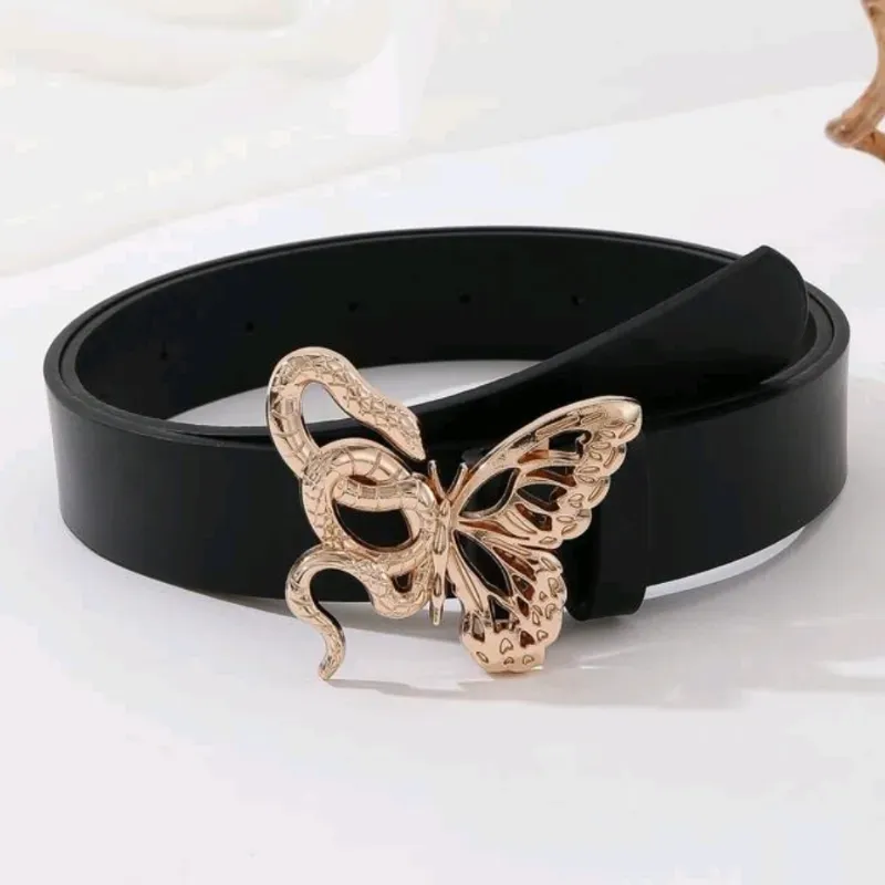 Cinturón negro de mujer con hebilla dorada de serpiente y mariposa