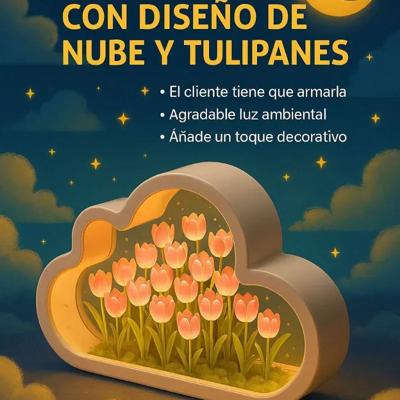 Lámpara led con diseño de nube y tulipanes