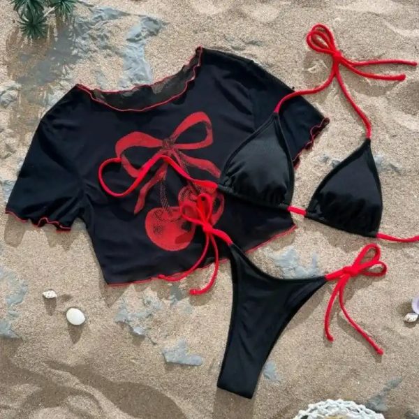  Bikini con top y diseño de cerezas — Negro