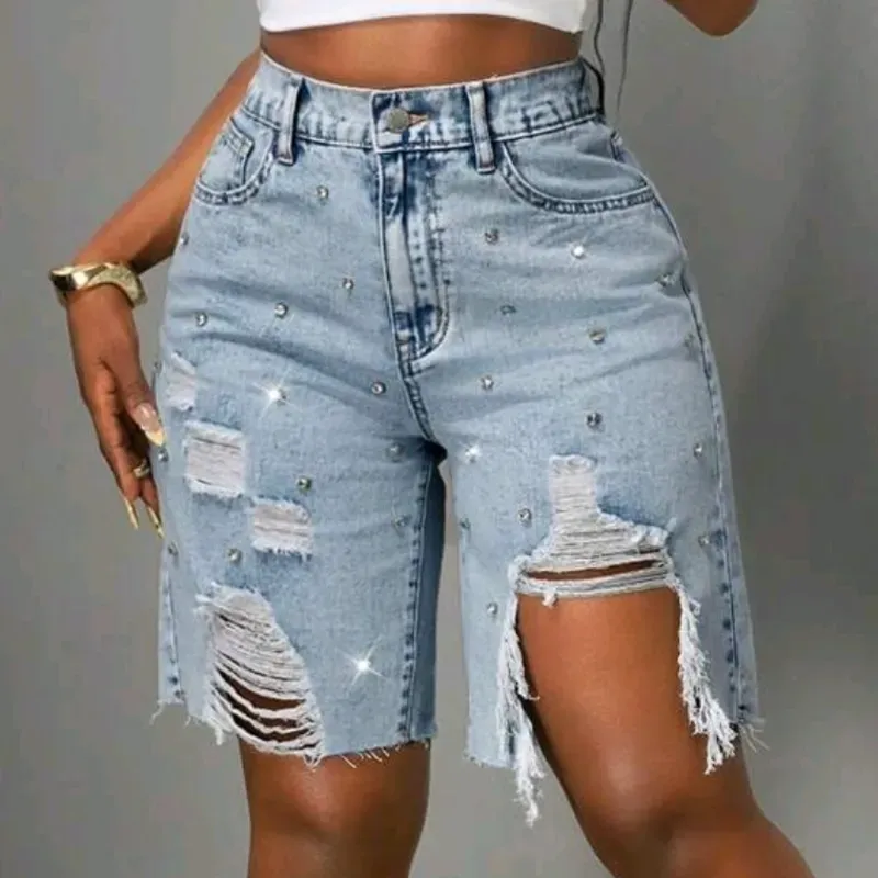  Bermuda de mezclilla con brillos — Azul