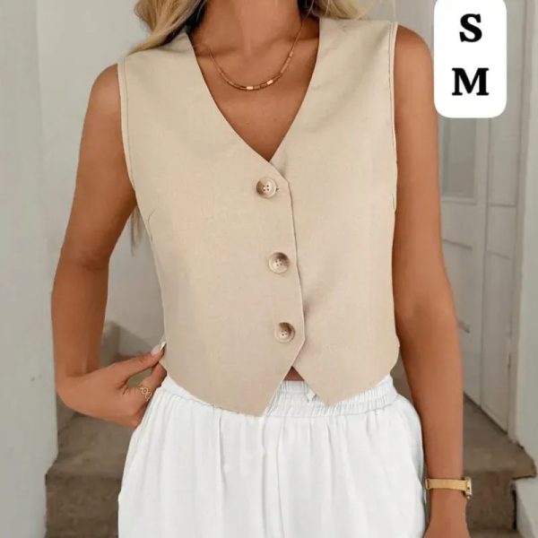  Conjunto Nude Executive – Sofisticación minimalista con chaleco entallado y pantalón de talle alto
