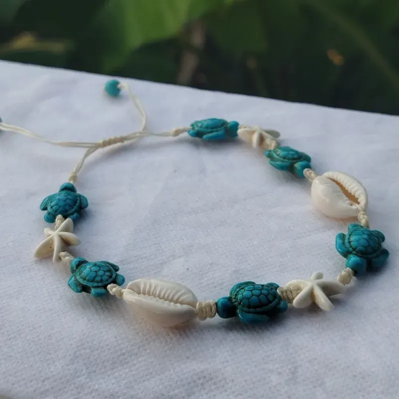 Tobillera Turquesa blanca y Azul y Caracoles Cauri